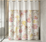 Beige Floral and Butterfly Printed Tassel Shower Curtain - Image 2