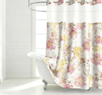 Beige Floral and Butterfly Printed Tassel Shower Curtain