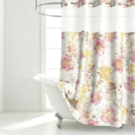 Beige Floral and Butterfly Printed Tassel Shower Curtain