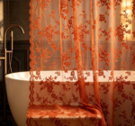 Burnt Orange Rose Lace Sheer Shower Curtain - Image 2
