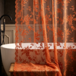 Burnt Orange Rose Lace Sheer Shower Curtain