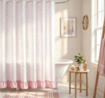 Pink Tiny Floral Print Shower Curtain with Pink Ruffle Hem for Bathroom