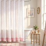 Pink Tiny Floral Print Shower Curtain with Pink Ruffle Hem for Bathroom
