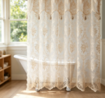 Cream Vintage Floral Lace Sheer Shower Curtain with Tassels - Image 2