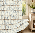 Blue Floral Ruffled Tiered Linen Texture Shower Curtain - Image 2