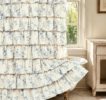 Blue Floral Ruffled Tiered Linen Texture Shower Curtain