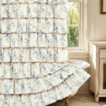 Blue Floral Ruffled Tiered Linen Texture Shower Curtain