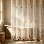 Cream Vintage Floral Lace Sheer Shower Curtain with Tassels