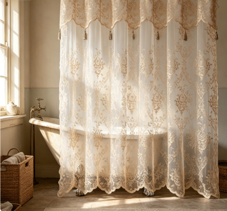 12 Cream Vintage Floral Lace Sheer Shower Curtain with Tassels - Image 1