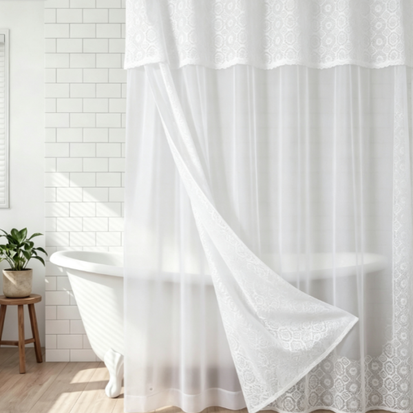 White Double Layer Lace Patchwork Sheer Shower Curtain