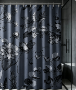 Dark Blue Grey Botanical Sketch Floral Shower Curtain - Image 2