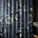 Dark Blue Grey Botanical Sketch Floral Shower Curtain
