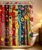 Boho Patchwork Floral Button Decor Bathroom Shower Curtain - Image 2