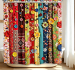 Boho Patchwork Floral Button Decor Bathroom Shower Curtain