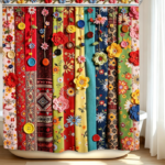 Boho Patchwork Floral Button Decor Bathroom Shower Curtain