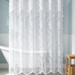 White Rose Lace Sheer Shower Curtain with Tassel Trim
