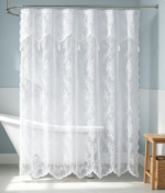 White Rose Lace Sheer Shower Curtain with Tassel Trim