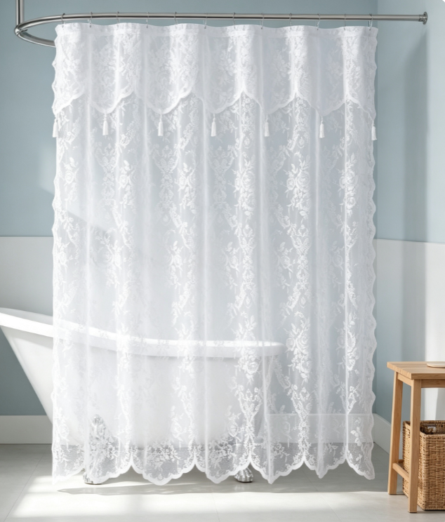 16-1 White Rose Lace Sheer Shower Curtain with Tassel Trim - Image 1