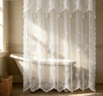 White Rose Lace Sheer Shower Curtain with Tassel Trim - Image 2