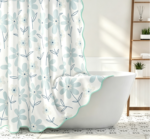 Light Blue Floral Print Shower Curtain with Scalloped Edge - Image 2