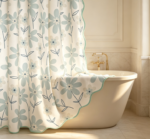 Light Blue Floral Print Shower Curtain with Scalloped Edge