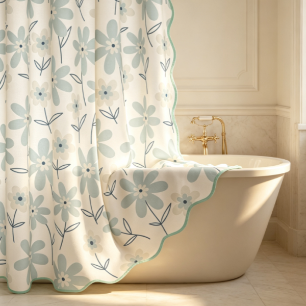 Light Blue Floral Print Shower Curtain with Scalloped Edge