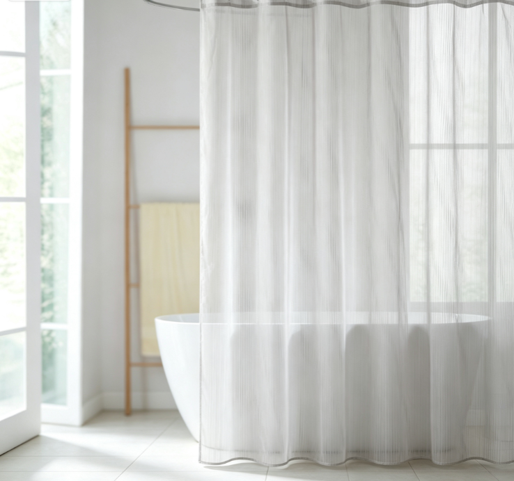 2 White Thin Vertical Stripe Sheer Shower Curtain - Image 1