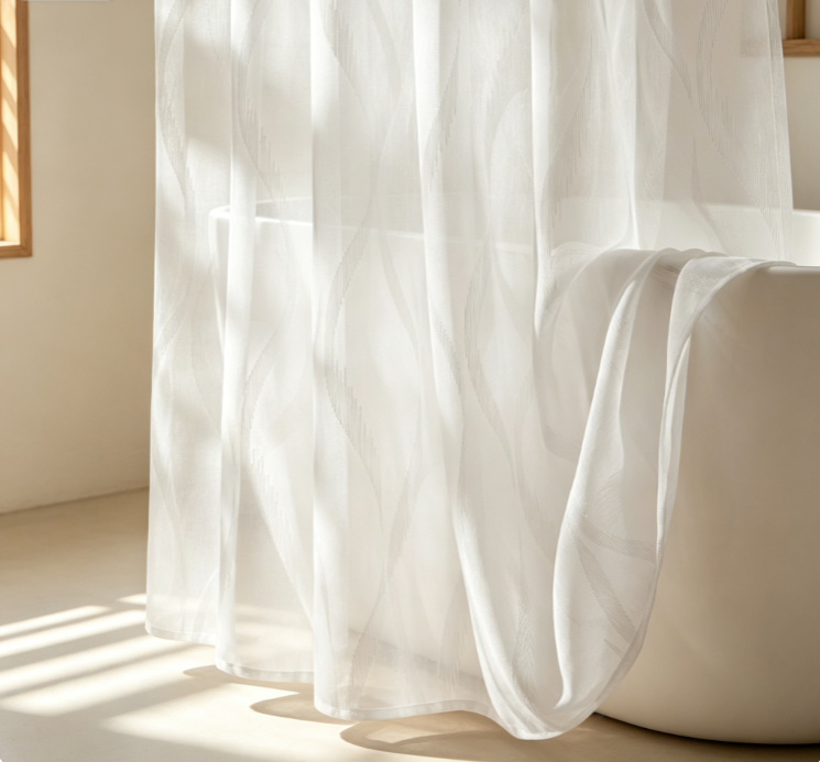 3 White Wavy Jacquard Sheer Shower Curtain - Image 1
