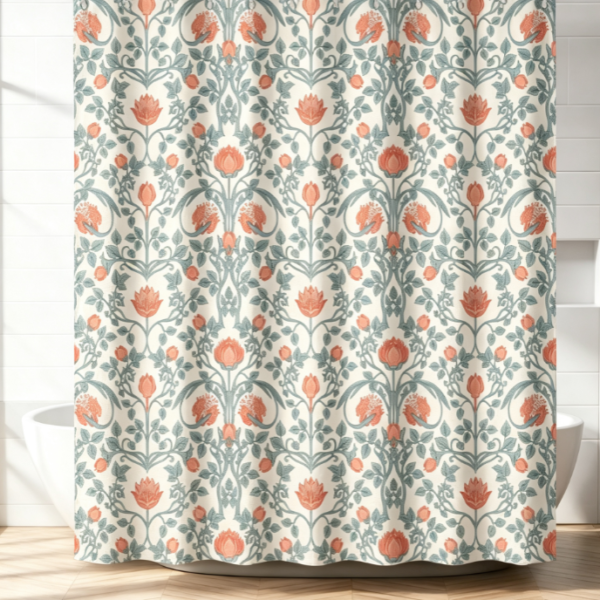 Vintage Blue Wildflower Print Linen Shower Curtain