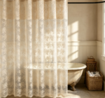 Cream Lace Floral Sheer Shower Curtain