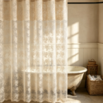 Cream Lace Floral Sheer Shower Curtain