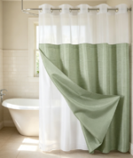 White Sheer & Green Gingham Patchwork Shower Curtain - Image 2