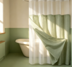 White Sheer & Green Gingham Patchwork Shower Curtain