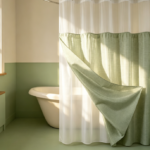 White Sheer & Green Gingham Patchwork Shower Curtain