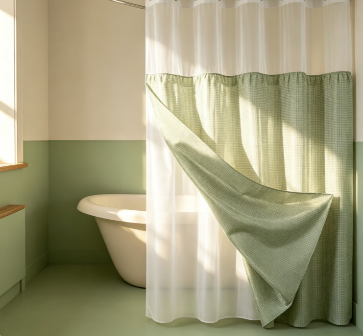 5 White Sheer & Green Gingham Patchwork Shower Curtain - Image 1