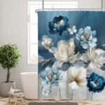 Navy Blue and Gold Floral Shower Curtain