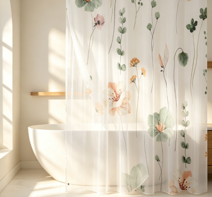 8 Watercolor Floral Eucalyptus Sheer Shower Curtain - Image 1