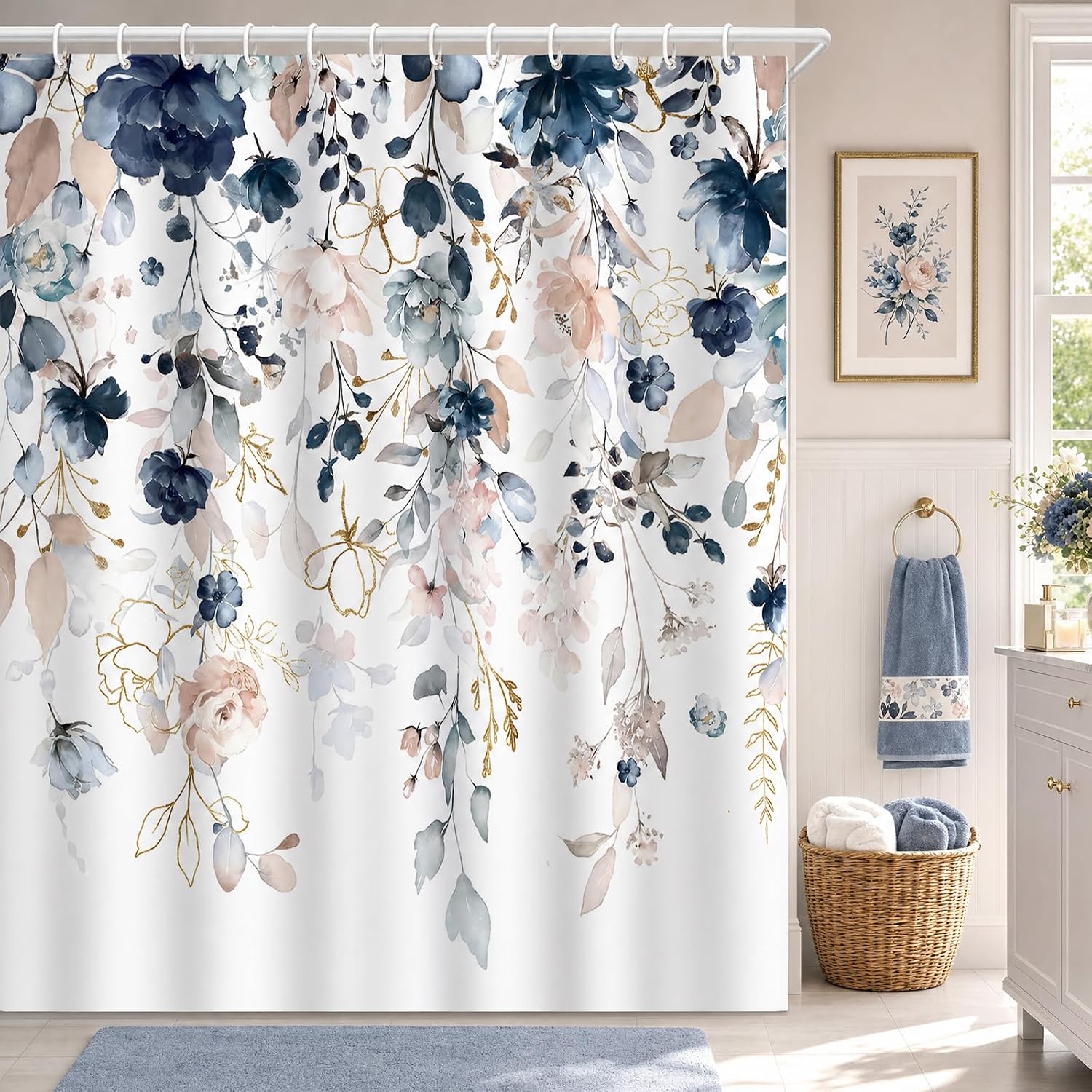 8146A3xMiOL._AC_SL1500_.jpg Navy Blue Blush Pink Floral Shower Curtain - Image 1