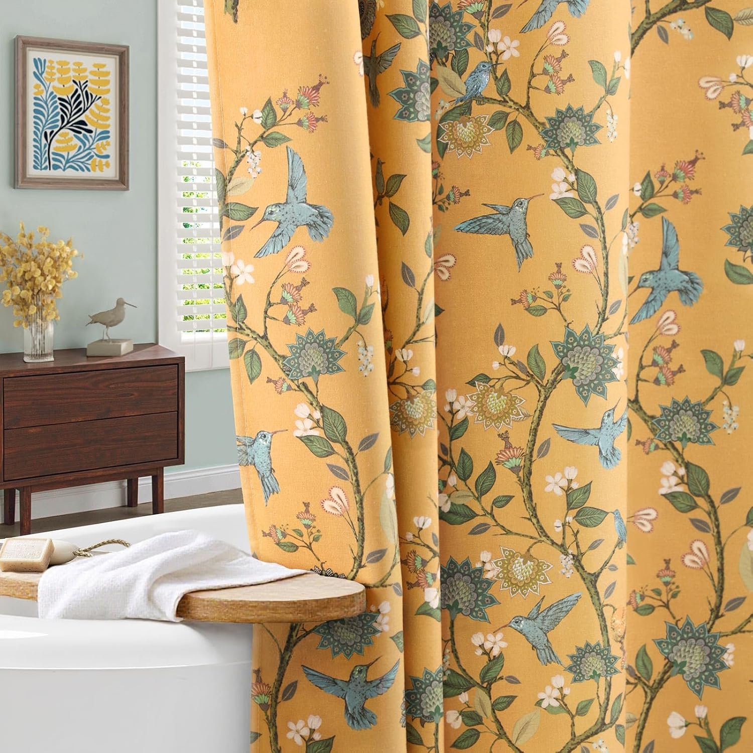 81Gy7GqmtL._AC_SL1500_.jpg Mustard Yellow Cotton Floral Shower Curtain - Image 1