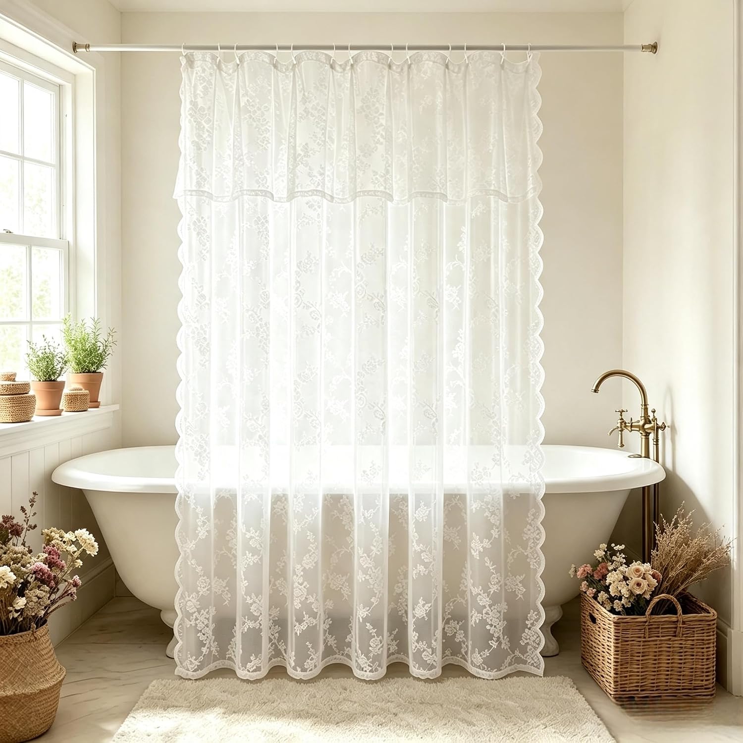 81Pvn58JE8L._AC_SL1500_.jpg White Floral Lace Shower Curtain - Image 1