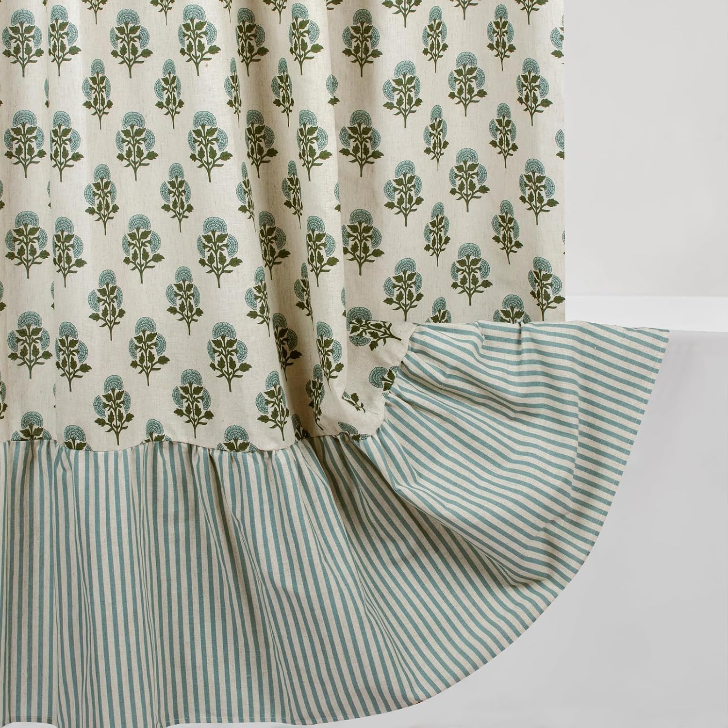 81jSHhOoUKL._AC_SL1500_.jpg Blue-Green Floral Printed Ruffled Shower Curtain - Image 1