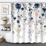 Navy Blue Blush Pink Floral Shower Curtain - Image 2