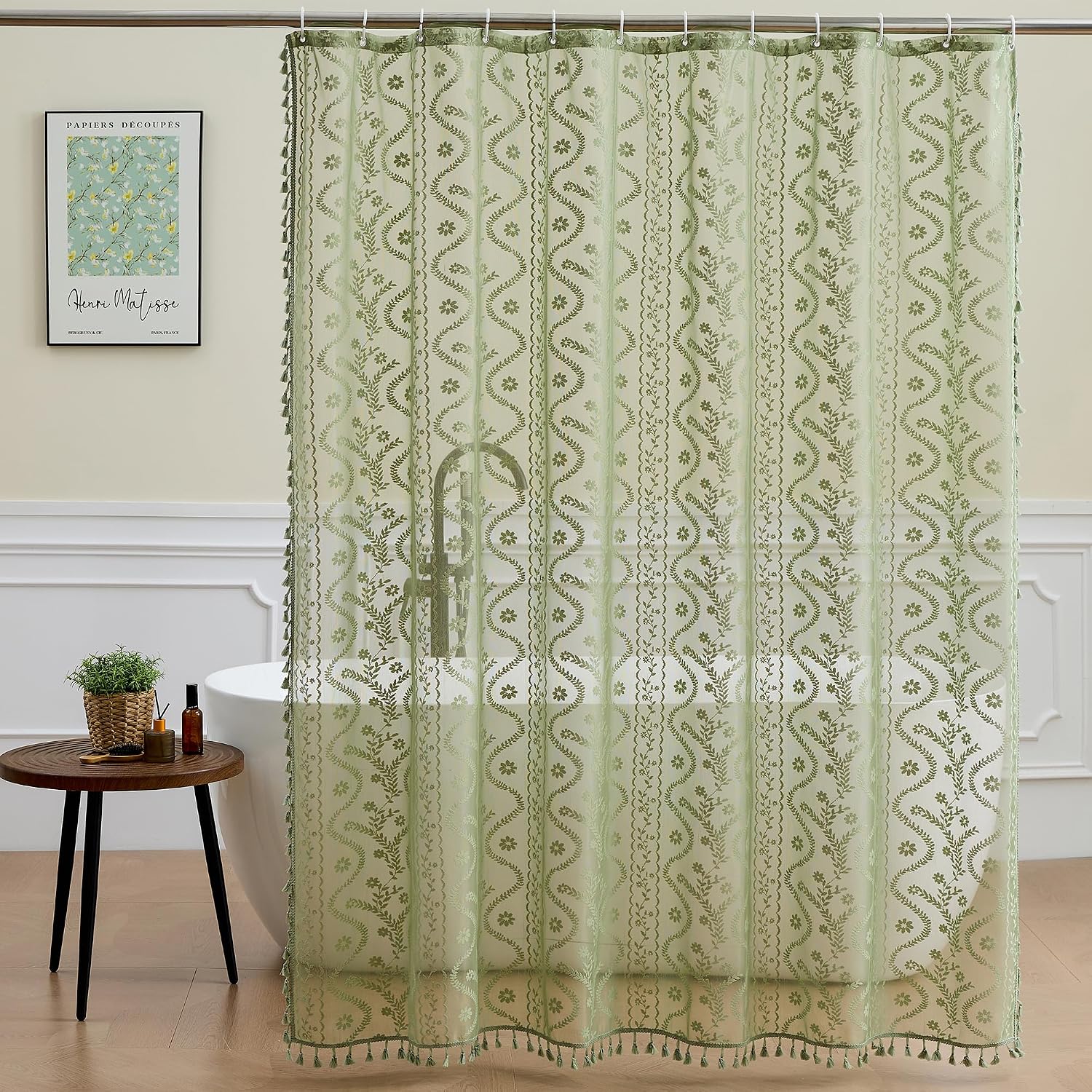 916WzDHXtL._AC_SL1500_.jpg Sage Green Lace Shower Curtain - Image 1